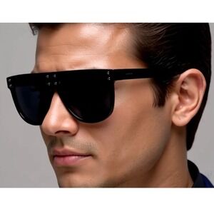 Flat Top Sunglasses Men Fashion Square Frame Luxury Trendy Dark Black Lens Gafas